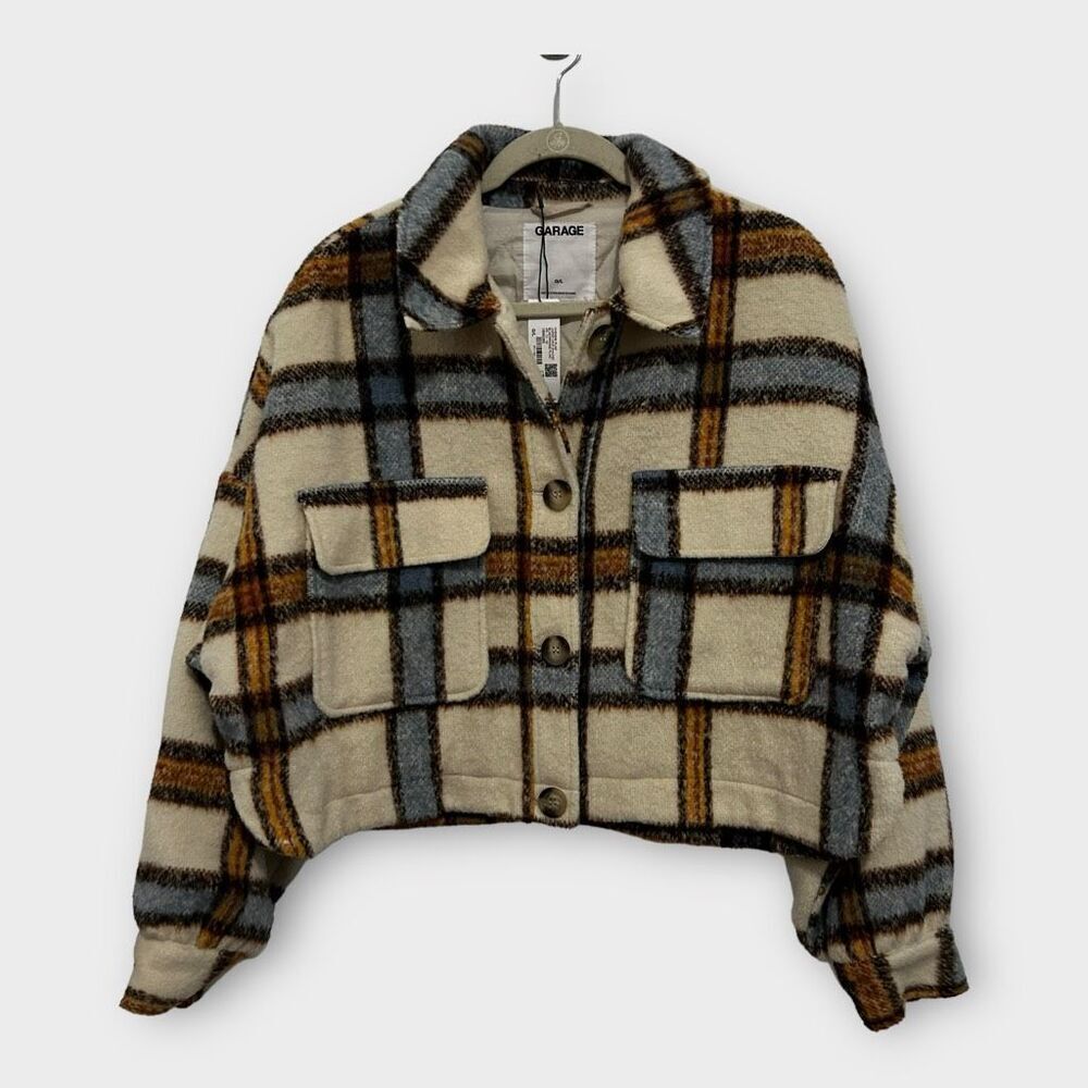 Garage Chemise Cream  Blue Orange Plaid Jasper Crop Shacket Women's Size L NWT